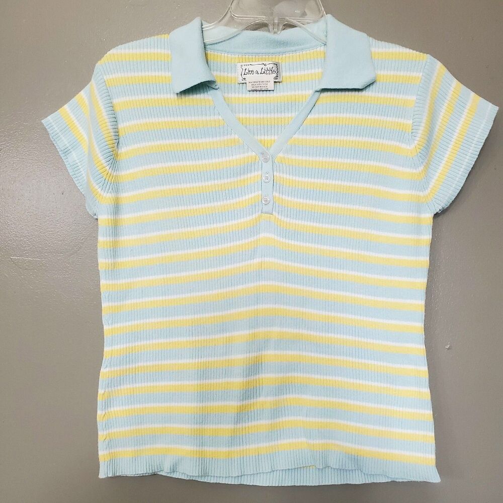 Y2K 90s Shirt Juniors XL Blue Yellow Striped Ribbed Short Sleeve Live A Little